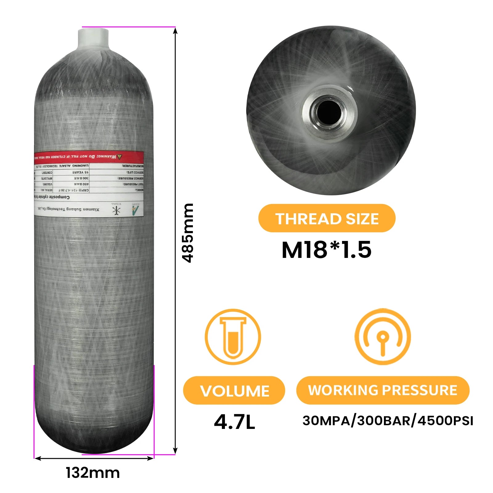 TUXING 4500Psi 4.7L Carbon Fiber Cylinders 300Bar High Pressure Cylinders for HPA Scuba Diving Tank Thread M18*1.5