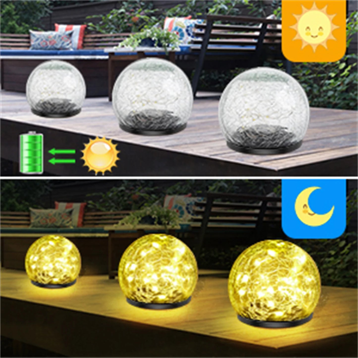 Outdoor Solar Garden Light Round Cracked Glass Lamp Waterproof Landscape Decor Ball Light for Villa Walkway Path Yard Holiday