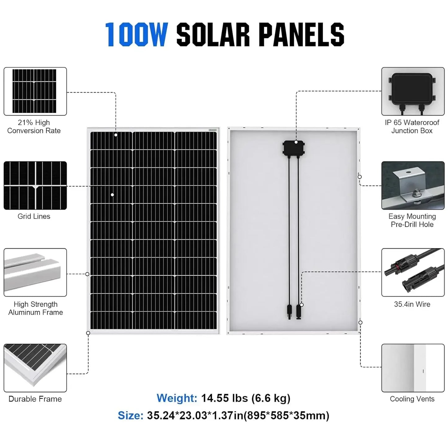 2pcs 100 Watt Solar Panels 12 Volt Monocrystalline Solar Panel for RV Marine Boat and Other Off-Grid Applications, 2-Pack 100W
