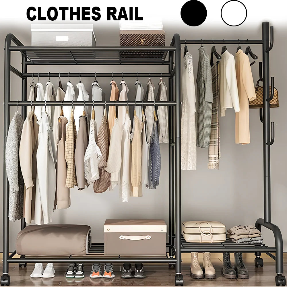 Clothes Rack Heavy Duty Coat Shelf Double-Rod Hats Clothes Rack With Hooks Hanging Clothe Organizer Floor Hangers Organizer