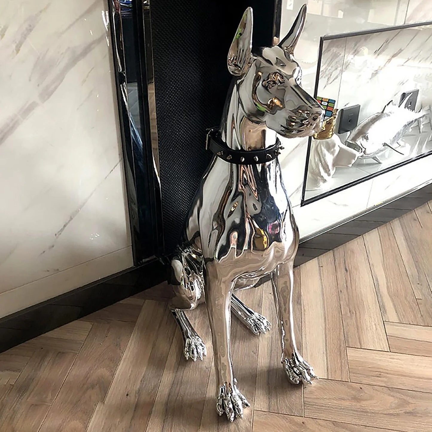 Home Decor Watchdog Chrome Sculpture Doberman Dog Small Size Art Animal Statues Figurine Room Garden Doorway