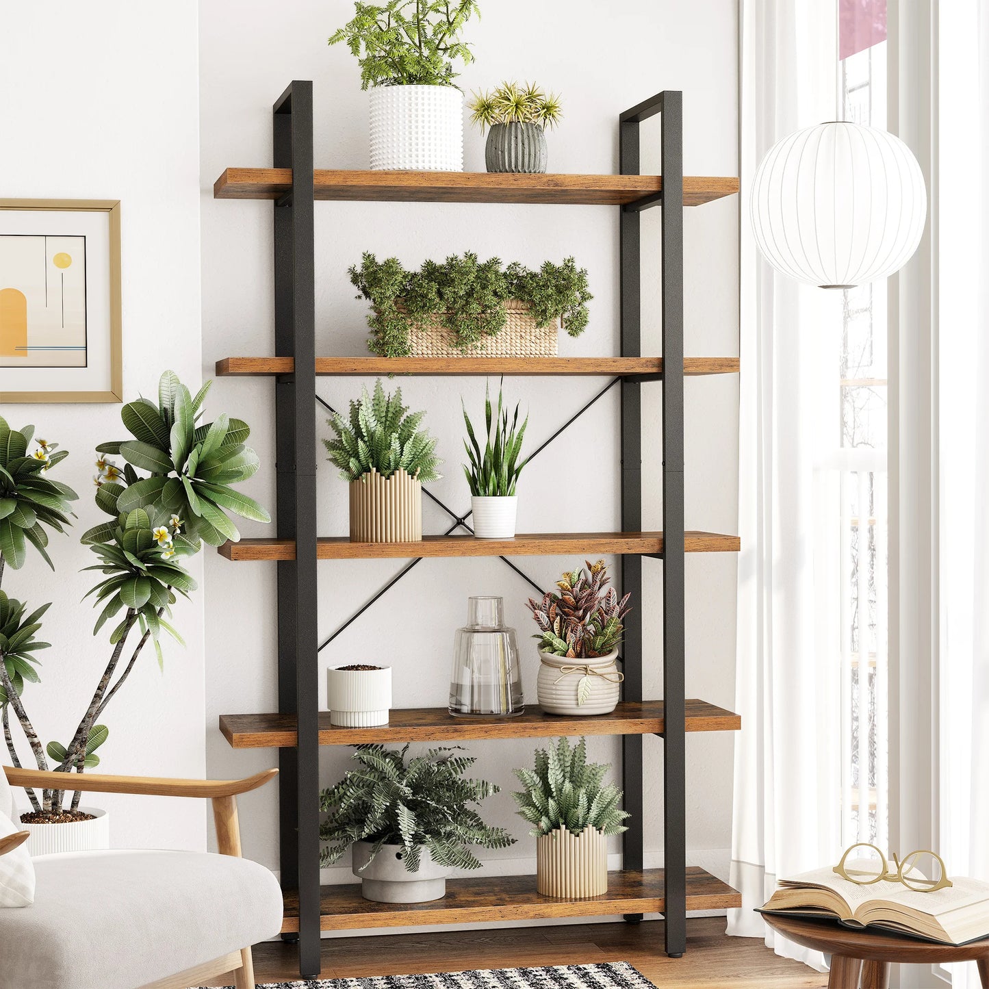 VASAGLE Bookshelf, 5-Tier Industrial Stable Bookcase, Storage Rack, Standing Shelf, Easy Assembly, Living Room, Bedroom, Office