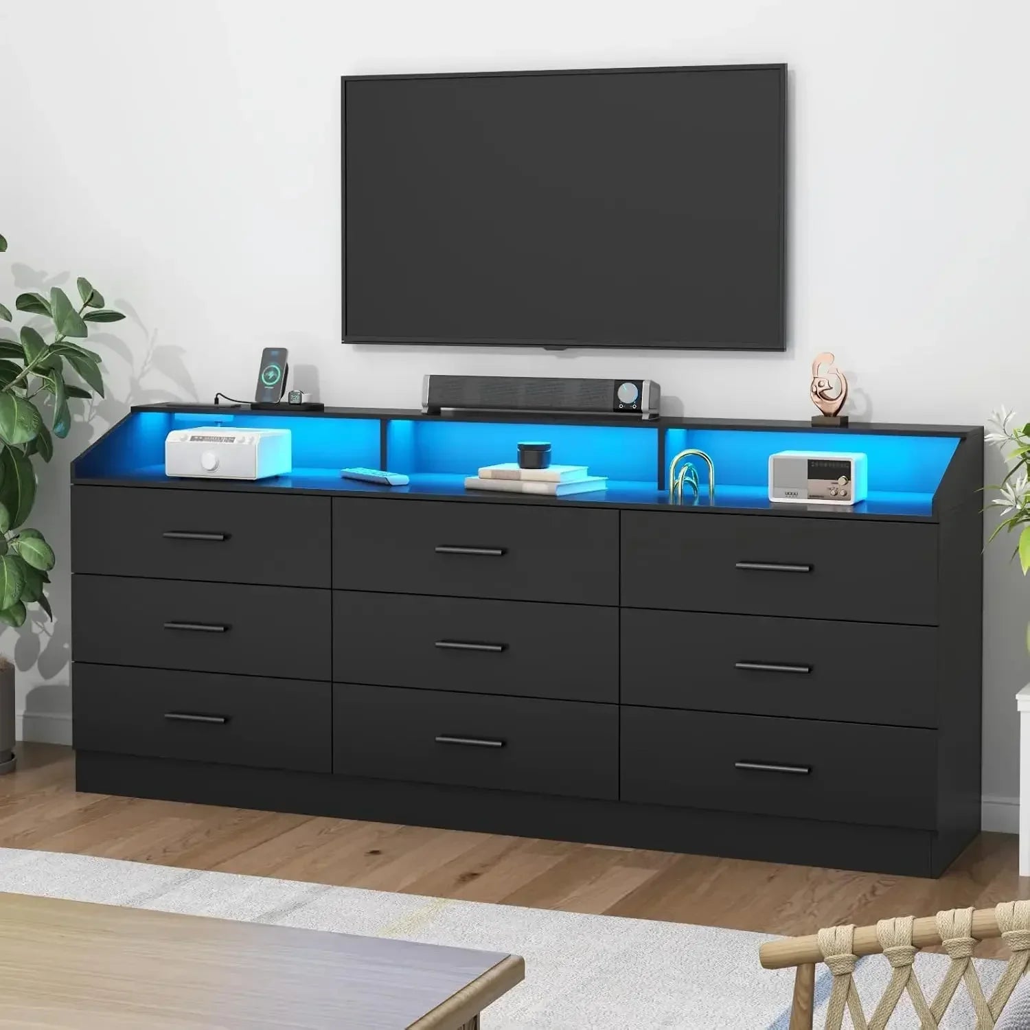Dresser for Bedroom with Power Outlet, Modern Chest of LED Light, Open Storage Cubby, Organizer, Entryway, Living Room, Black