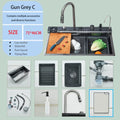 Gun Grey 304 Stainless Steel Waterfall Drainage Kitchen Sink Integrated Digital Display Faucet Set Soap Dispenser Vegetable Pool
