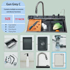 Gun Grey 304 Stainless Steel Waterfall Drainage Kitchen Sink Integrated Digital Display Faucet Set Soap Dispenser Vegetable Pool
