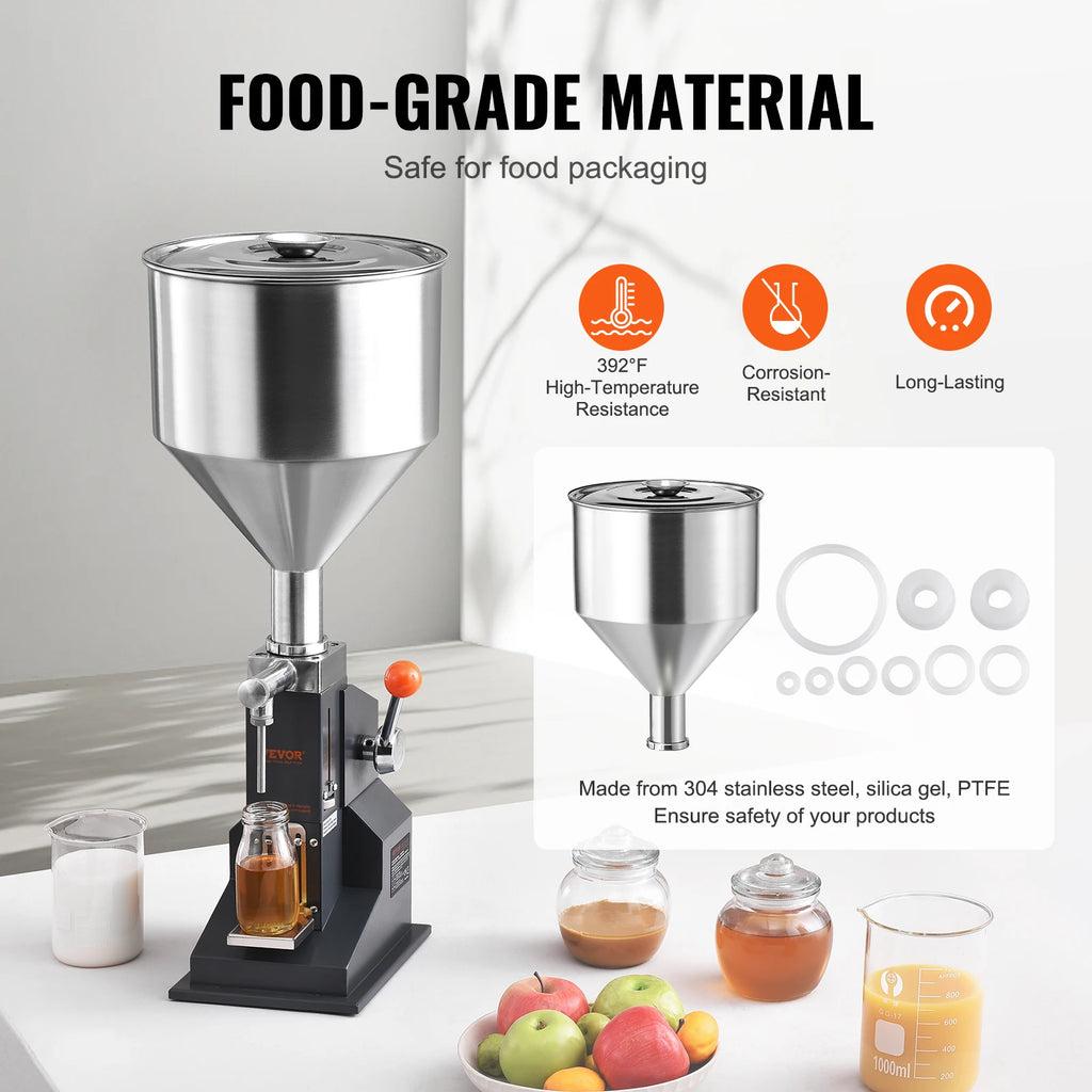 VEVOR 5-100ml Manual Paste Liquid Filling Machine Stainless Steel Adjustable Bottle Filler with Hopper for Water Juice Oil Honey