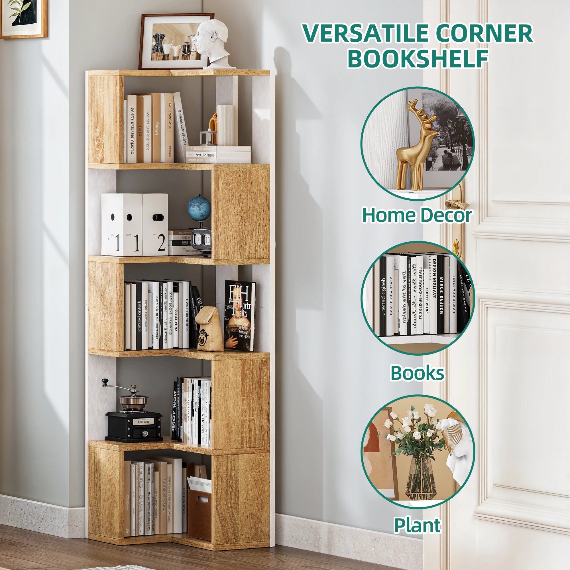 YITAHOME Wooden 5-Tier Corner Bookcase - Floor Standing Display Shelf for Living Room Office, 54x40x159.5cm