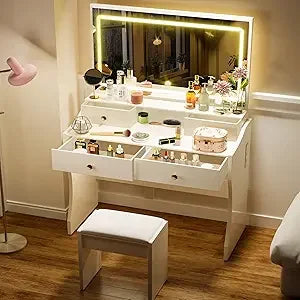 Makeup Vanity Desk with Mirror and Lights, Vanity Table and Chair Set with 5 Drawers and Charging Station, Bedroom Dresser LED