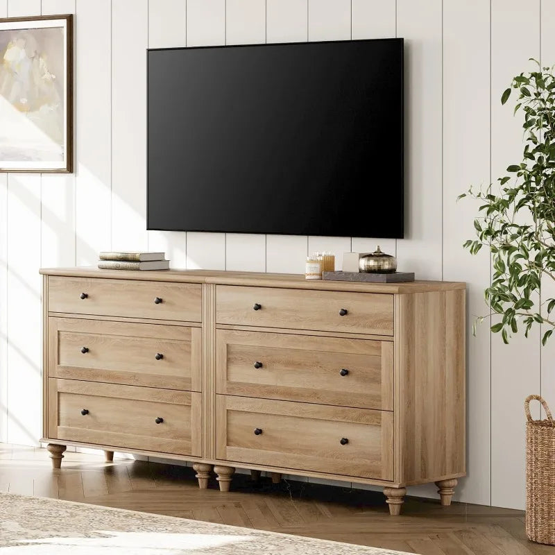 WAMPAT Dresser for Bedroom with 6 Drawers，Mid Century Modern Wooden Closet Storage Organizer
