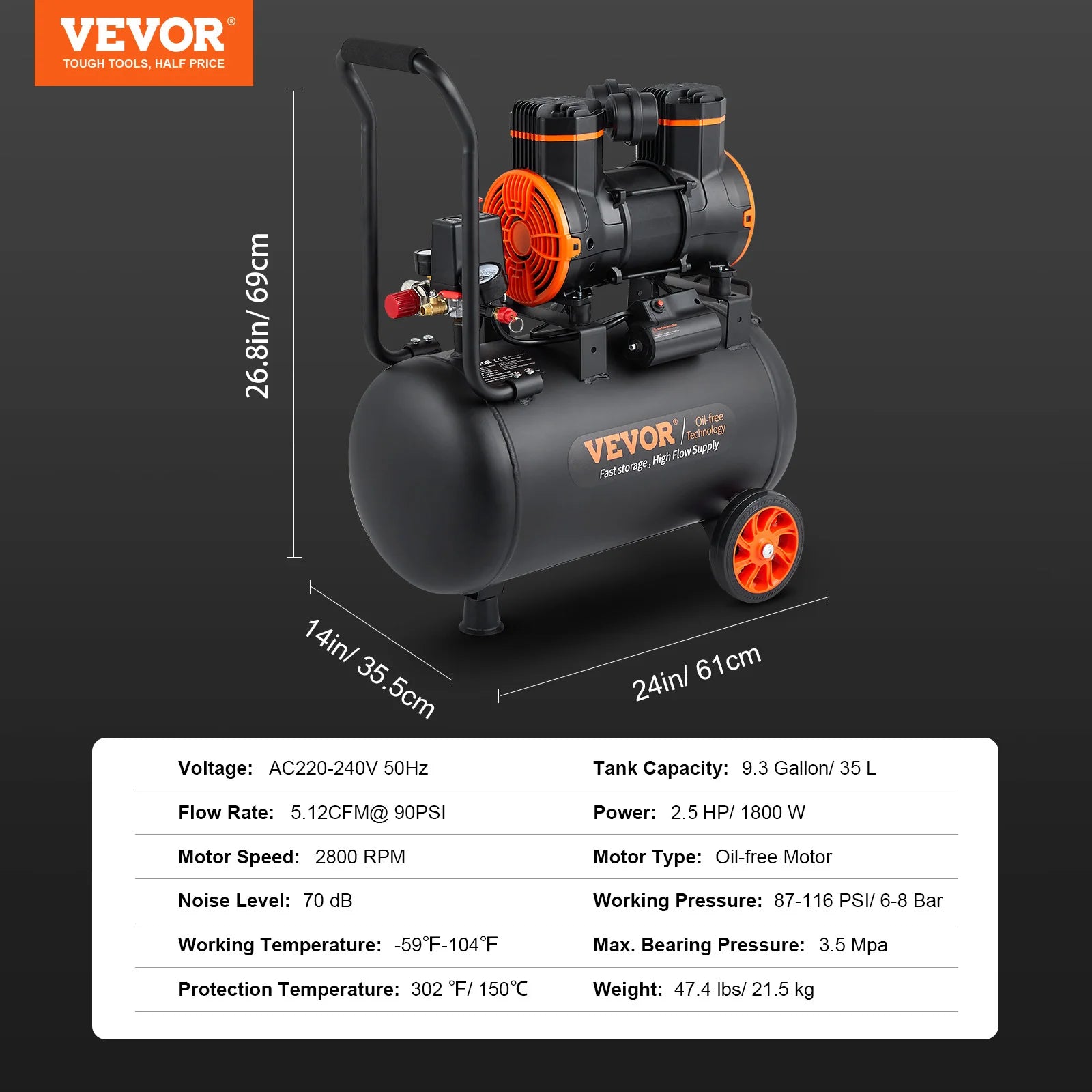 SucceBuy Silent Air Compressor 900W 1450W 1800W Quiet Oil-free Portable Air Pump for Repair Tire Inflation Whisper Compressor