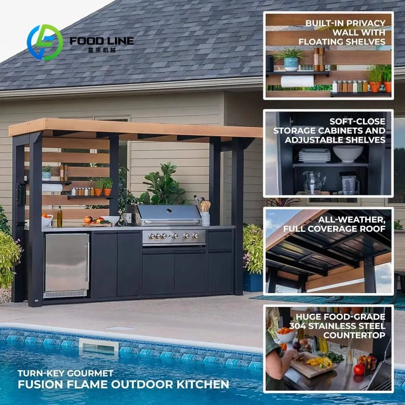 Customized Outdoor Kitchen Island with Granite Countertop Stainless Steel Cabinet for Patio Backyard Entertainment