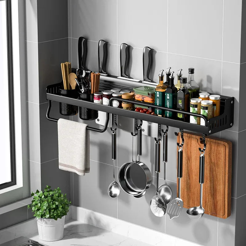 Kitchen Storage Shelf Wall-mounted Spice Rack Aluminum Punch-free Spoon Knife Storage Shelves Multifunction Kitchen Organizer