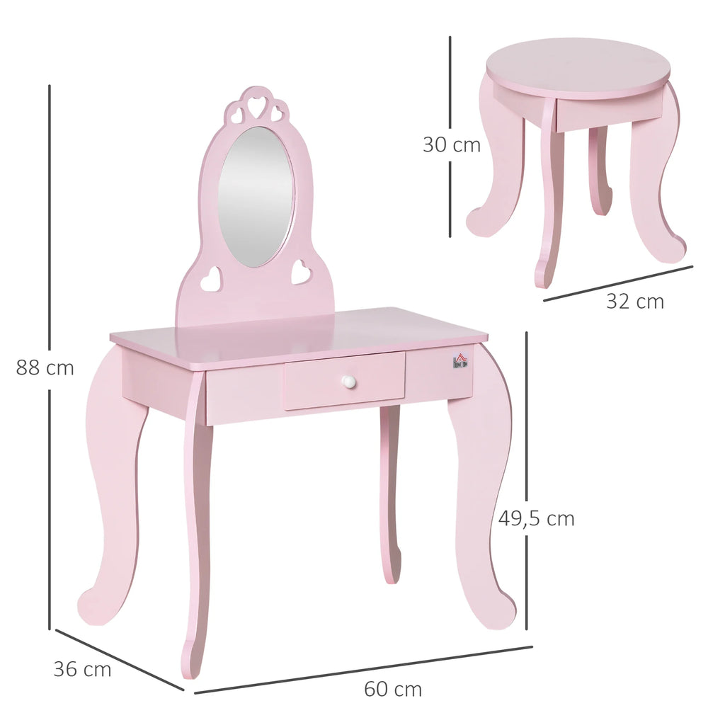 HOMCOM children's wooden dressing table for girls 3-6 years old mirror Stool 60x36x88cm