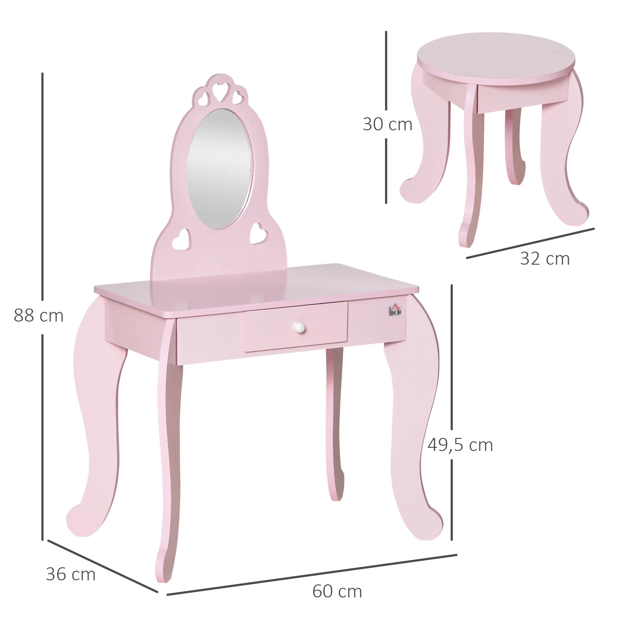 HOMCOM children's wooden dressing table for girls 3-6 years old mirror Stool 60x36x88cm