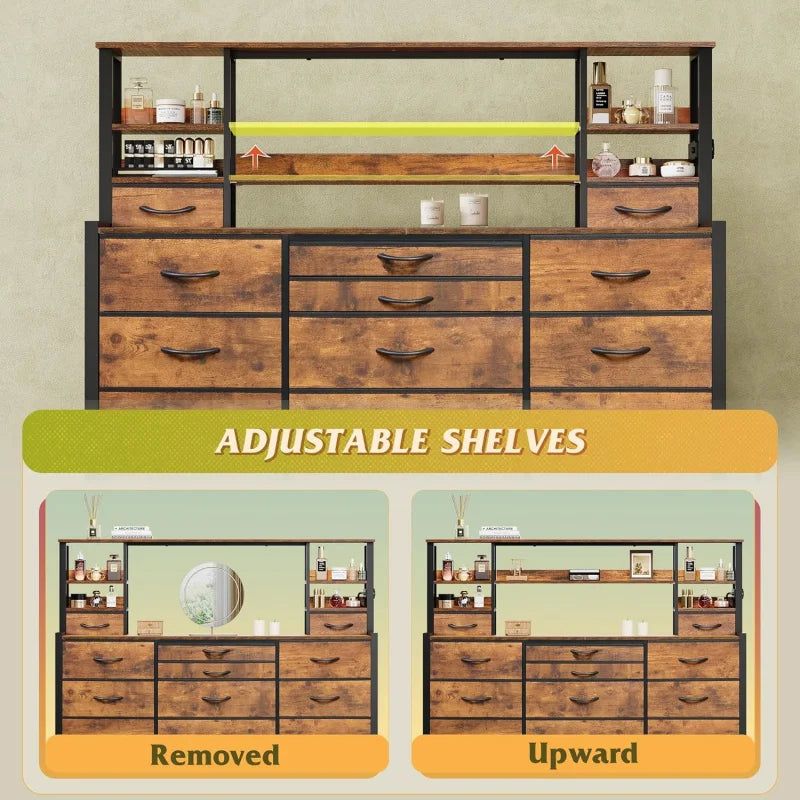 Bedroom 15 & Adjustable Shelves, Tall Dresser with Charging Station, Chest of Drawers for Closet