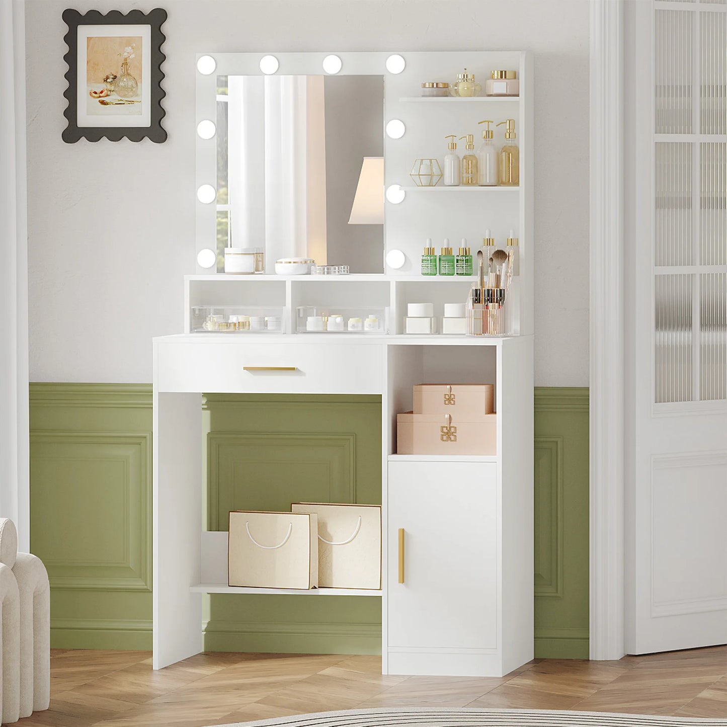 Hzuaneri Dressing Table with Mirror and 10 LED Lights, Vanity Unit with 3 Shelves & 4 Open Compartments, with Large Drawer