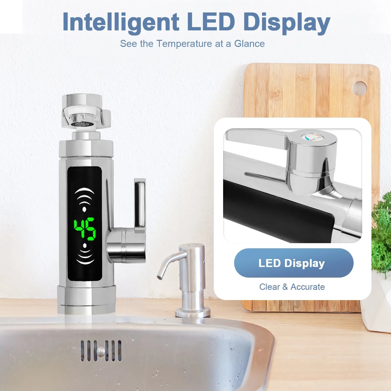 3300 W Silver Electric Instantaneous Water Heater, Electric Tap with LED,Kitchen Tap Suitable for Home, Hotel, Restaurant