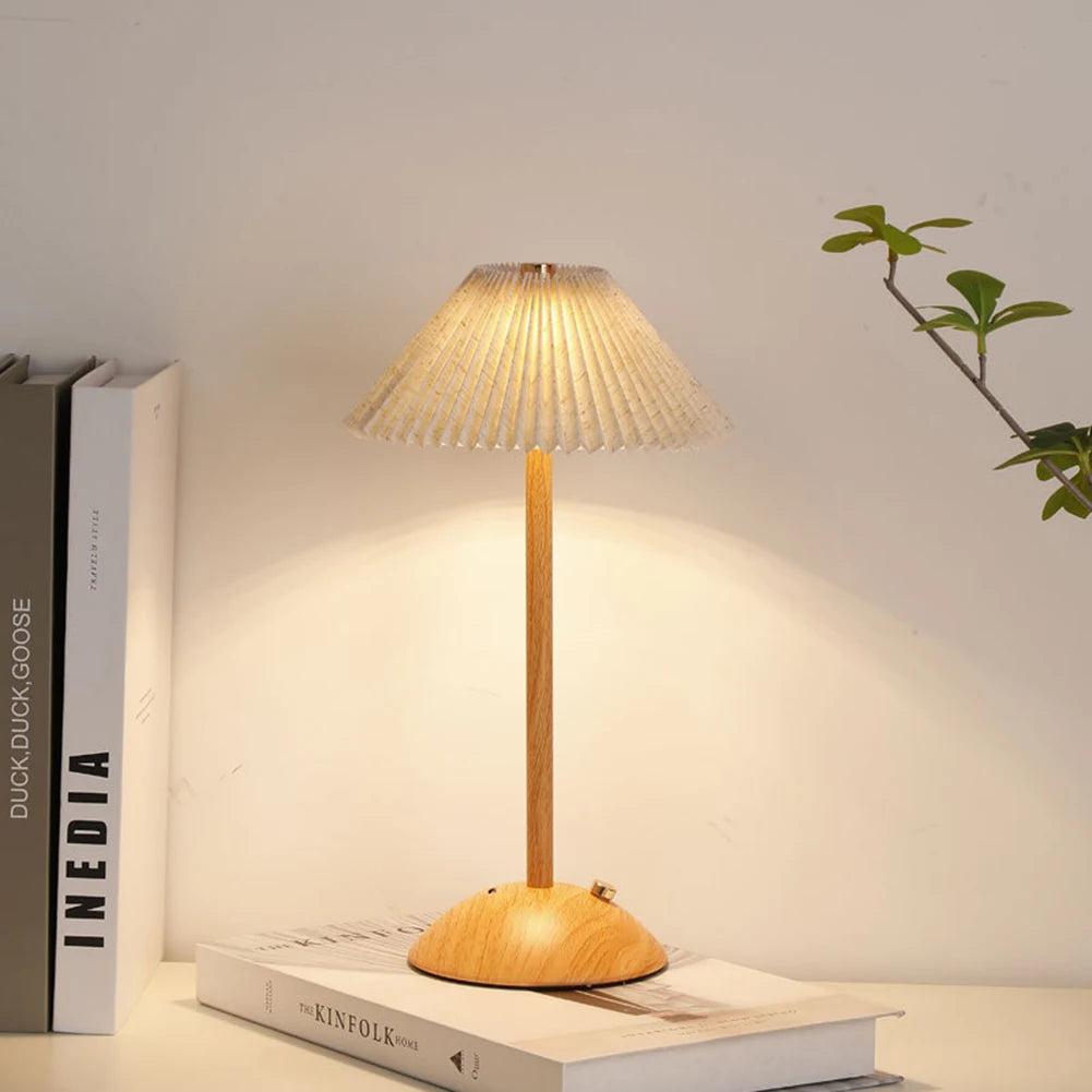 Portable LED Desk Lamp Wood Base Small Table Lamp Fabric Shade Dimmable Touch Lamp Rechargeable for Living Room Dorm Home Office
