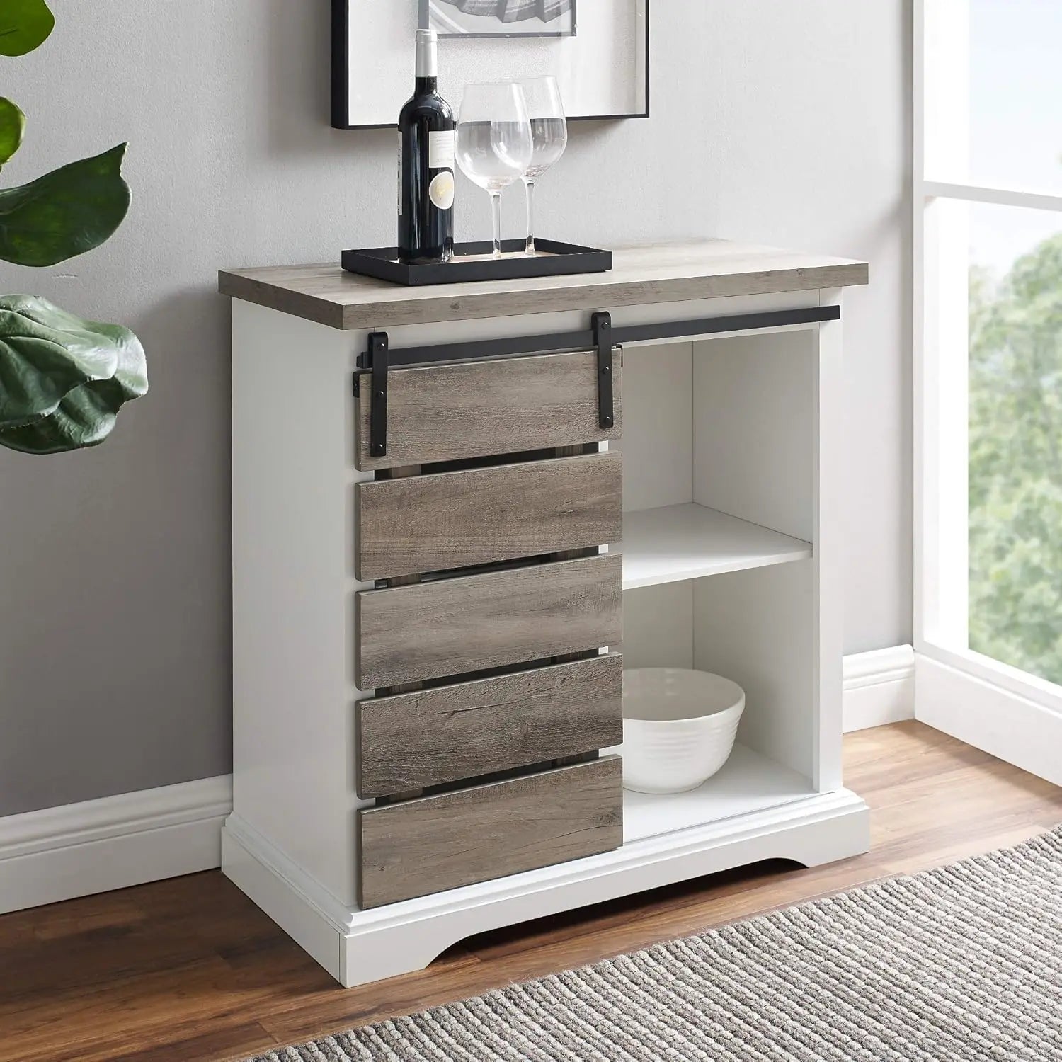 Willa Modern Farmhouse Sliding Single Slat Door Storage Console, 32 Inch, White And Grey Wash