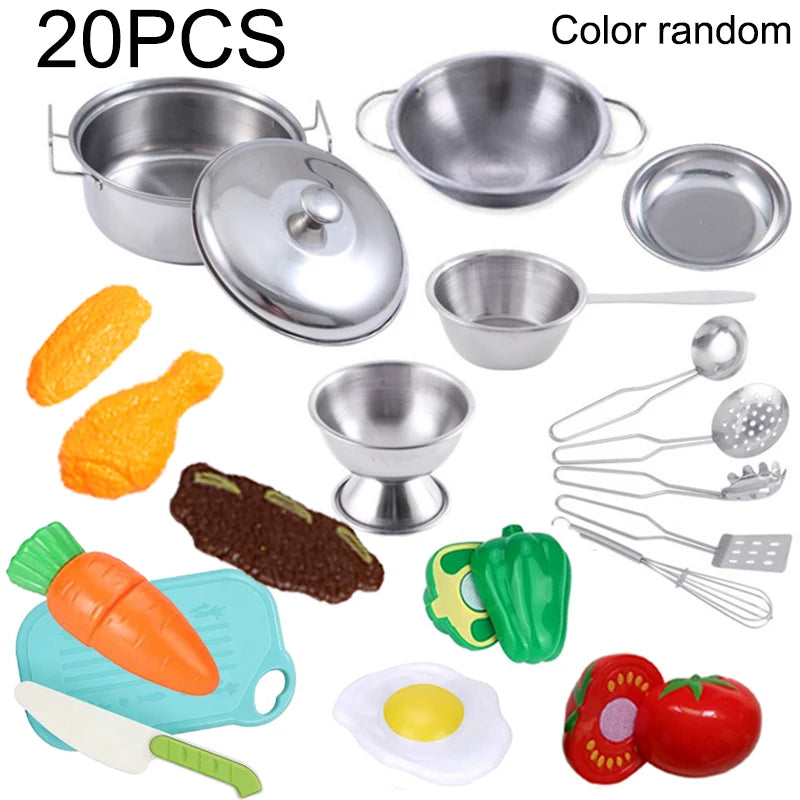 Kitchen Pretend Play Toys with Stainless Steel Cookware Pots and Pans Set, Cooking Kitchen Toys Education Pretend Play