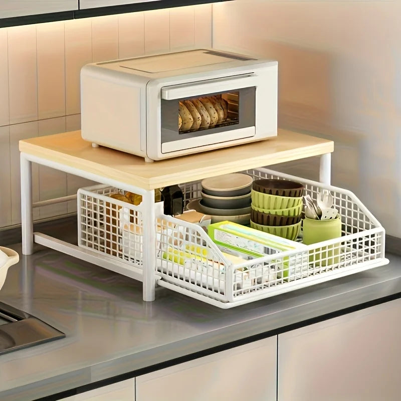 2-Tier Kitchen Countertop Storage Rack - with Drawers + Mesh Baskets Sturdy Solid Wood + Metal Material Space Saving Fits Coffee