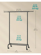 SONGMICS Clothes Rack, Clothing Rack for Hanging Clothes with Wheels, Garment Rack with Extendable Hanging Rail