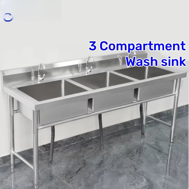 Stainless Steel Kitchen Sink 3-Room Freestanding Sink Standing Sink Handmade 201/304