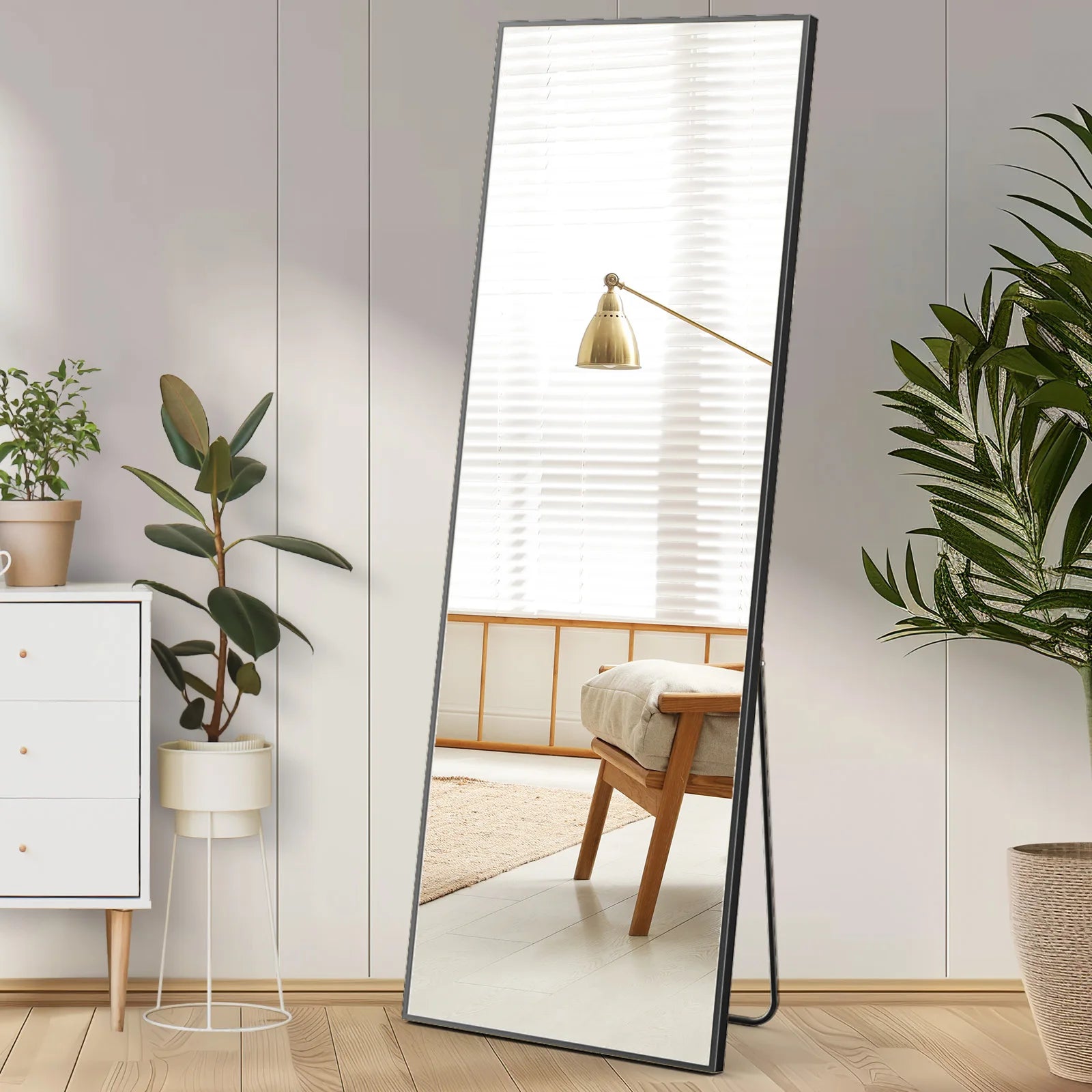 JHK-Full Length Arched Right Angle Mirror with Stand for Living Room, Sturdy Aluminum Alloy Frame, Bedroom Furniture, 59 "x 16"