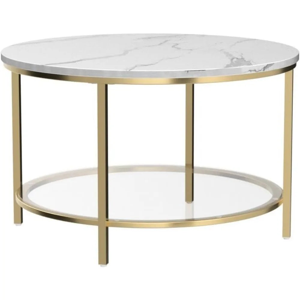 White Marble Round Coffee Table with Glass for Living Room, 2-Tier Circle Coffee Table with Storage Clear Coffee Table