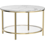 White Marble Round Coffee Table with Glass for Living Room, 2-Tier Circle Coffee Table with Storage Clear Coffee Table