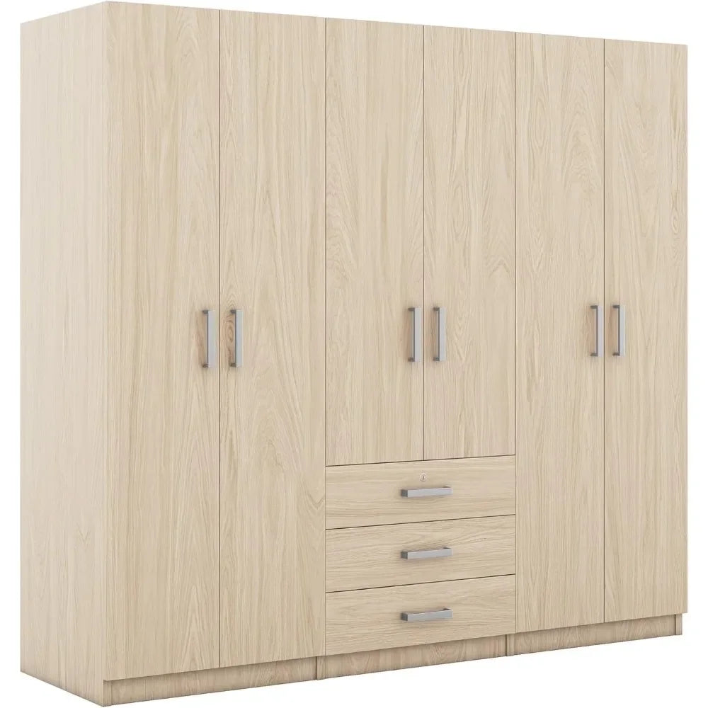 Large Wardrobe Closet 6 Doors, 70.9" W Wooden Wardrobe Cabinet with Big Drawers, Bedroom Armoire Dresser Wardrobe Clothes Organi