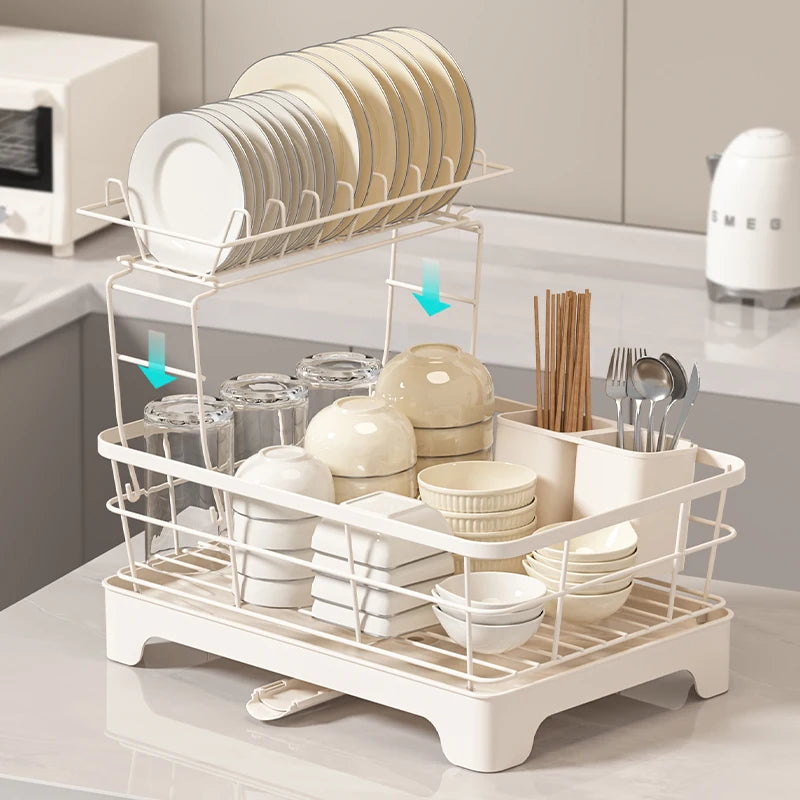 Compact Japanese Kitchen Dish Drainer Steel Dish Rack with Removable Plate Utensil Holder And Dual-Layer Chopstick Holder