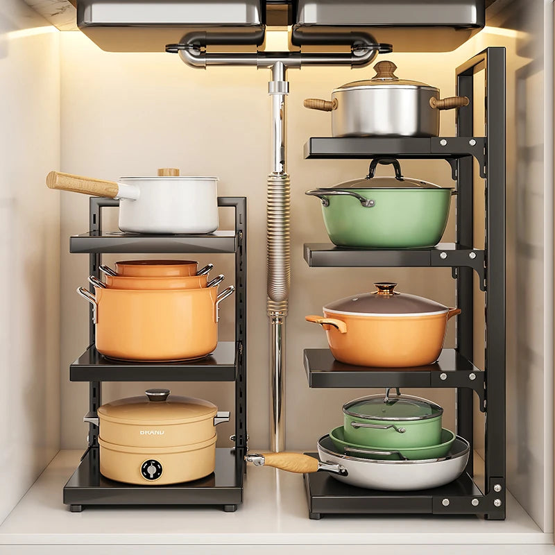 Multi-Layer Kitchen Storage Rack, Multifunctional Household Cabinet, Layered Pot Rack under the Sink for Pots, Pans, and Lids, Kitchen Storage Shelf, Essential for Storing Pots, Frying Pans, and Lids