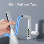 Waterfall Pull Out Kitchen Faucet White Intelligent Digital Display Cold Hot Mixer Taps Rotatable Sink Lifting Basin Faucet
