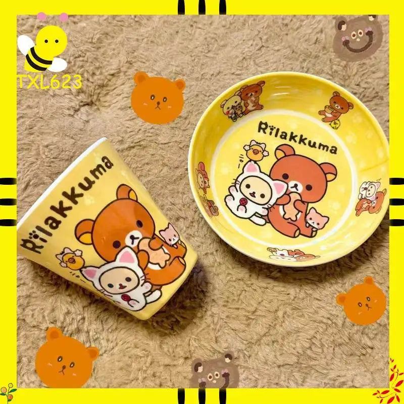 Rilakkuma Cute Tableware Bowl Spoons Forks Chopsticks Plate Fruit Snack Plate Food Bowl Cup Anti Drop Kitchen Tableware Gift