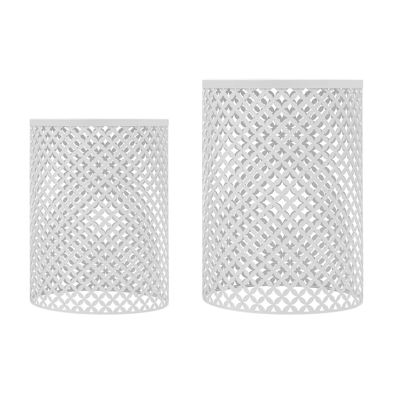 2PCS White Iron Side Table Modern Frame Accent Table Cylindrical Openwork Pattern Metal End Table