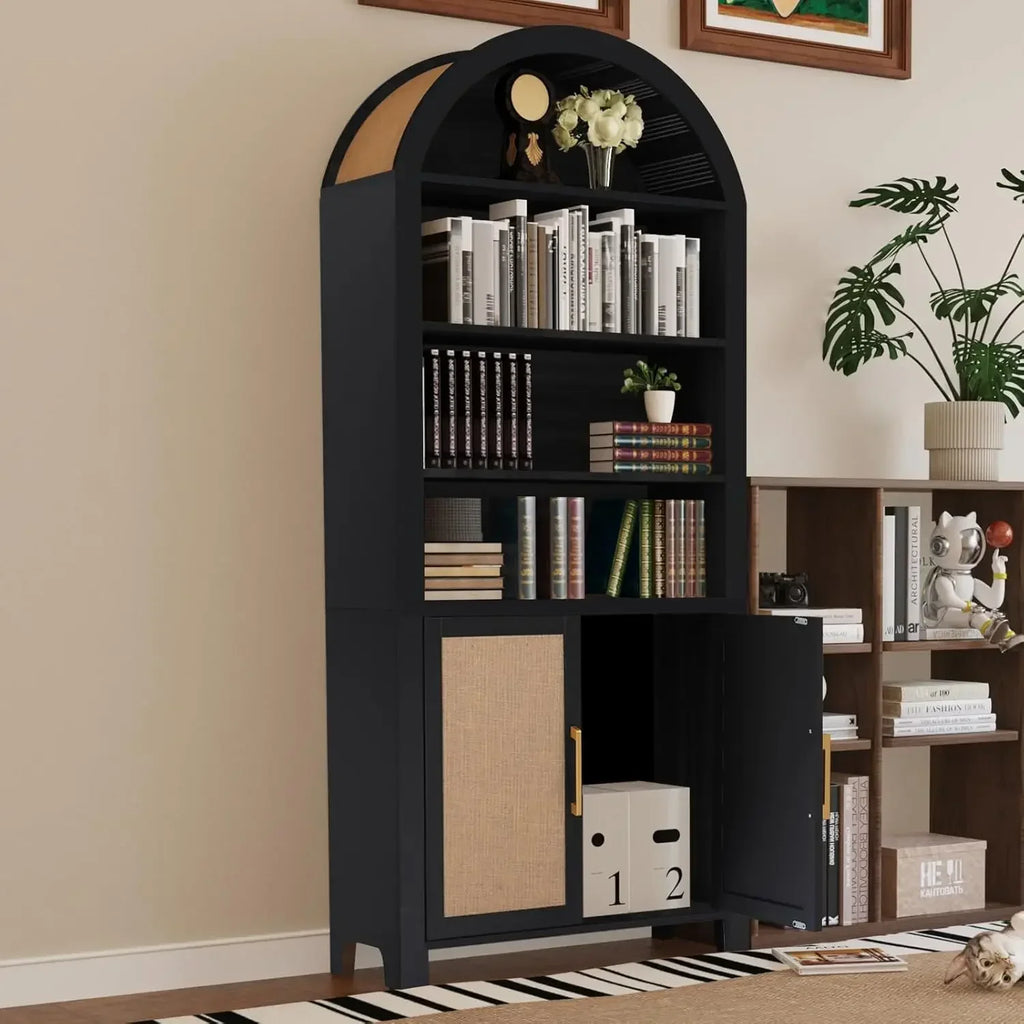 71" Tall Arched Bookcase with Storage, Modern 6-Tier Arched Cabinet with Door,Arched Bookshelf Cabinet with Open Display Storage
