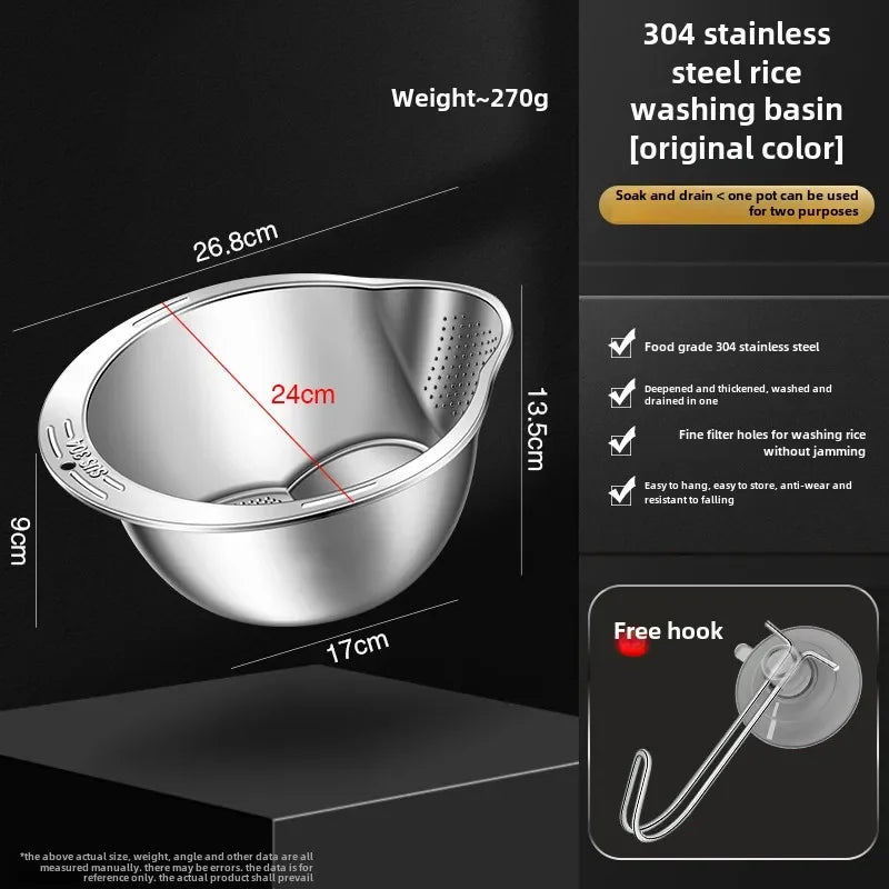 316 Stainless Steel Drainage Basket Multifunctional Amalgamator Rice Sieve Fruit Plate Household Kitchen Washbasin