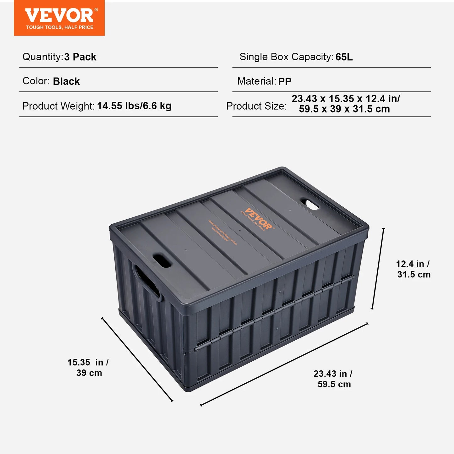 VEVOR 45L/65L Collapsible Storage Bins Folding Stackable Utility Garage Crates with Lids Handles for Clothes Snack Toys Grocery