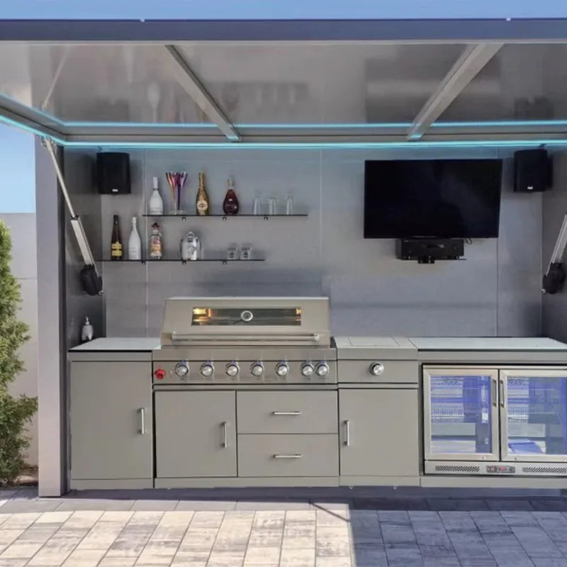 Luxury Customized  Outdoor BBQ Kitchen with Refrigerator Sink Storage Cabinet and Retractable Door House