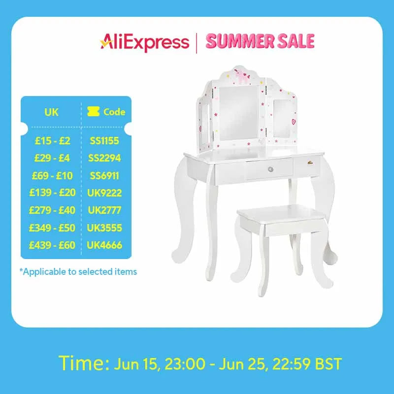 HOMCOM Kids Vanity Table & Stool Girls Dressing Set Make Up Desk with Rotatable Mirrors Drawer Star & Heart Pattern White