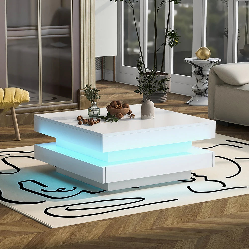 KOMHTOM Square coffee table table in White Modern Technological Style With Bluetooth LED Strip
