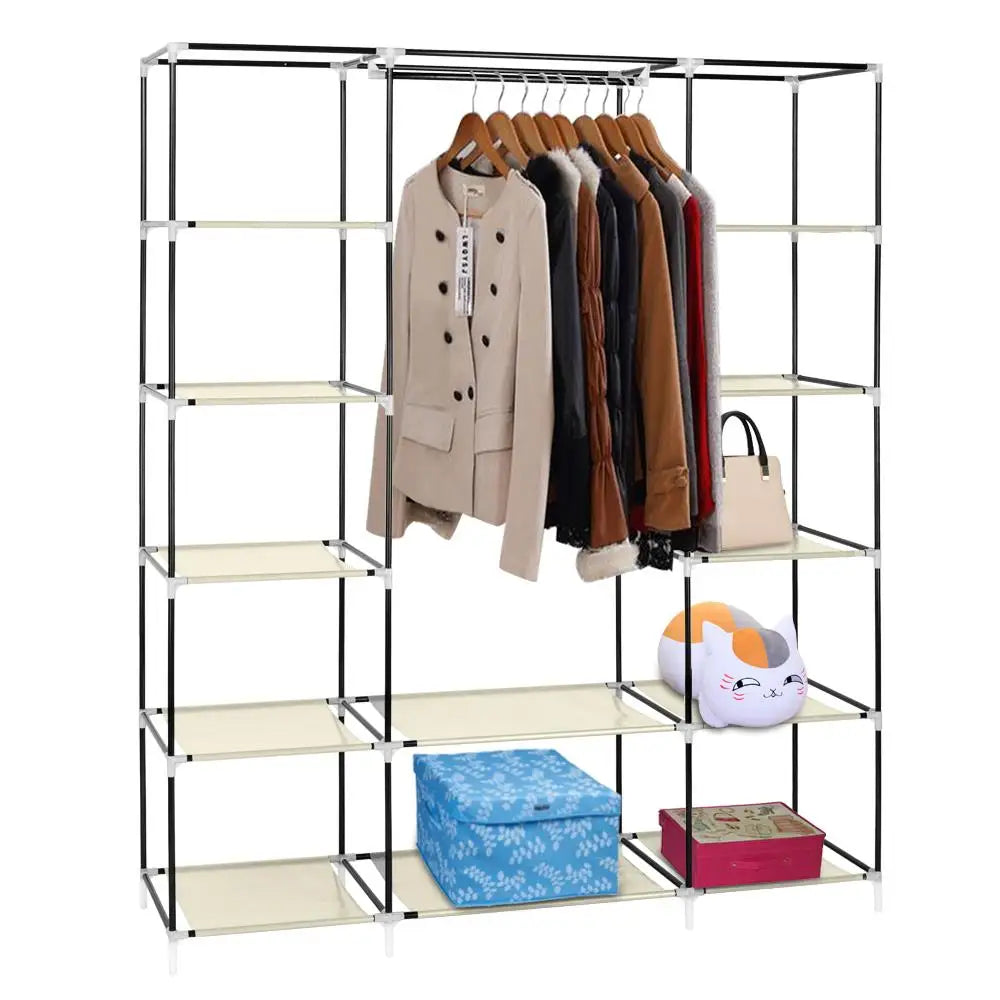 69 Portable Wardrobe Storage Organizer - Durable Non-Woven Fabric, Easy Assembly, Beige Clothes Closet