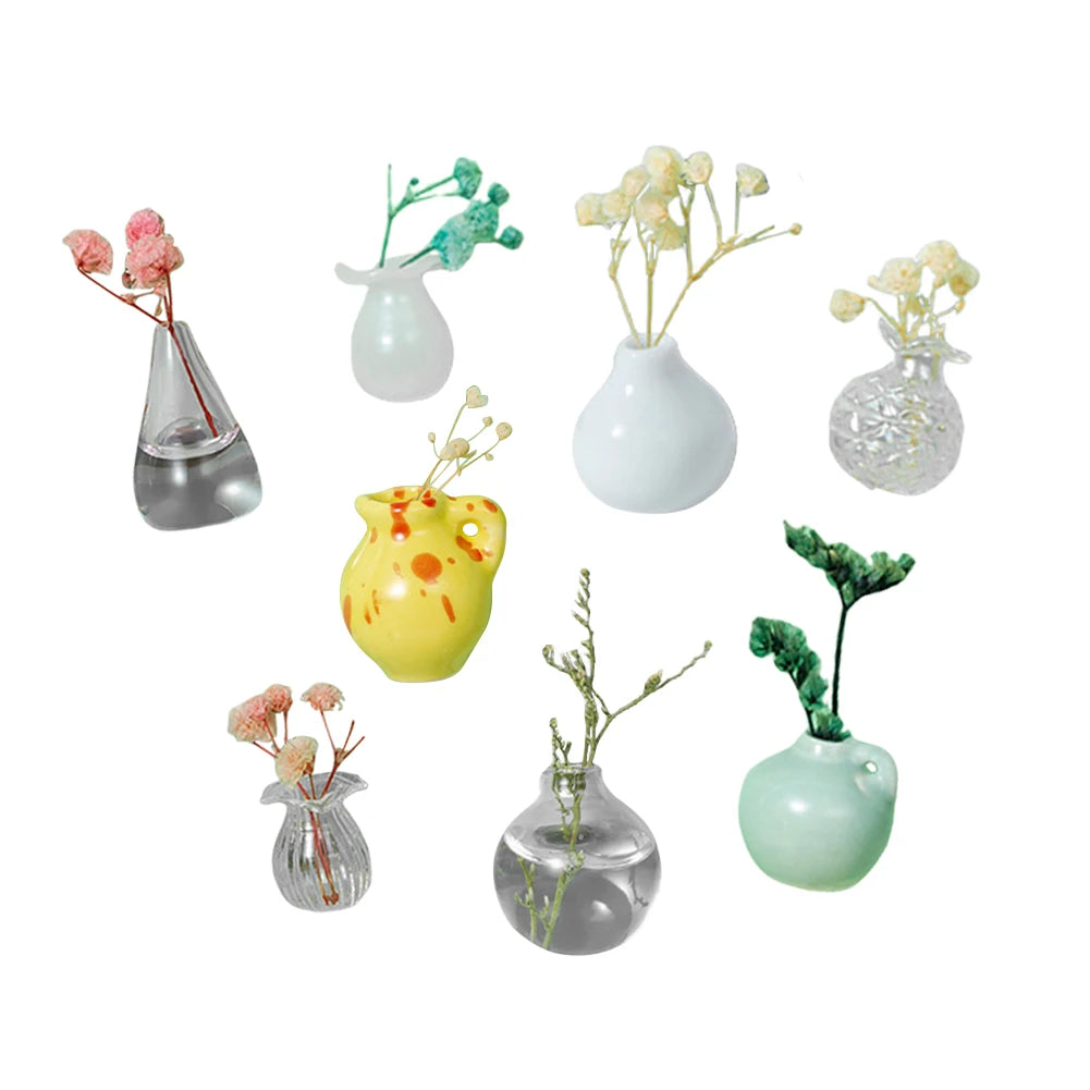 3-14pcs Set Mini Ceramics Vase Fridge Magnets Label Mini Bonsai Magnet Button Potted Simulation Flower Vase Refrigerator Message