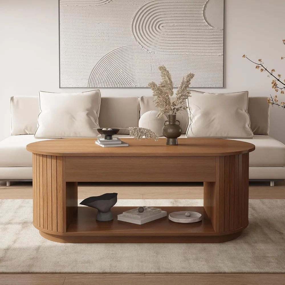 47-Inch Lift Top Wood Coffee Table with Hidden Storage Compartment and Open Shelf for Living Room, Fluted Oval Center Tea Table