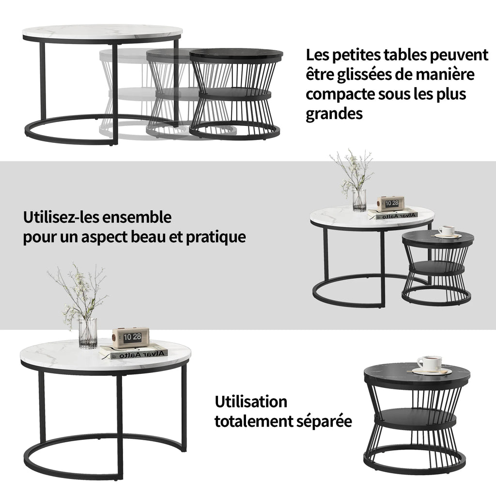 Anajqaqia Set of 2 Round Coffee Tables, Set Tables for Living Room, Stackable Sofa Table, Living Room Table, Black and White