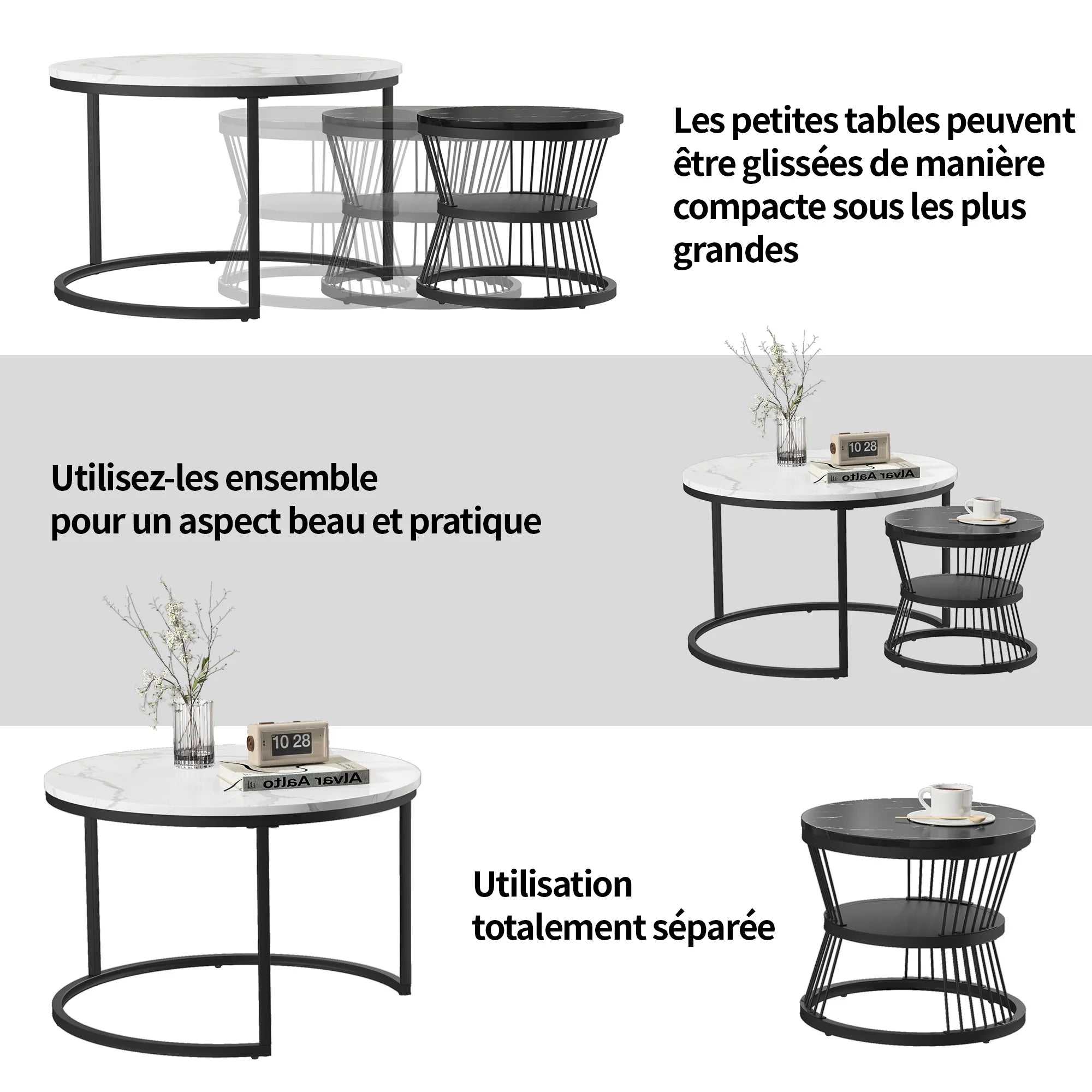 Anajqaqia Set of 2 Round Coffee Tables, Set Tables for Living Room, Stackable Sofa Table, Living Room Table, Black and White