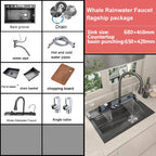 New Stainless Steel Waterfall Kitchen Sink Embossed Extra Large Single Slot Digital Display Dishwashing Sinks With Draining Rack