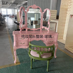NEW y French retro pink dresser solid wood carving flower dressing table makeup stool glass combination