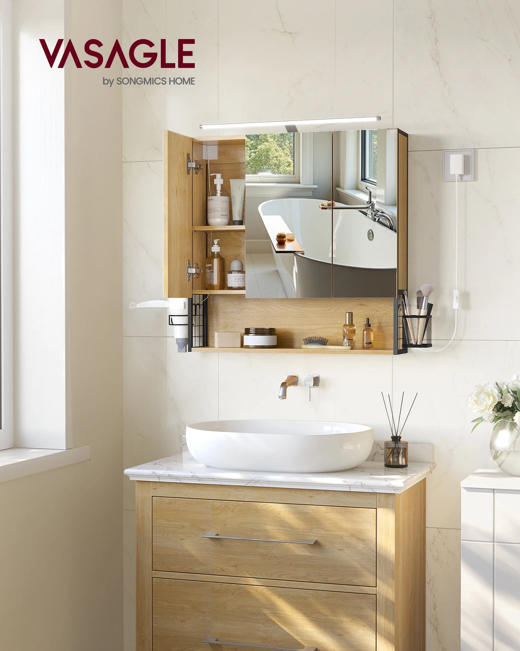 VASAGLE Mirror Cabinet Bathroom with Lighting Cable